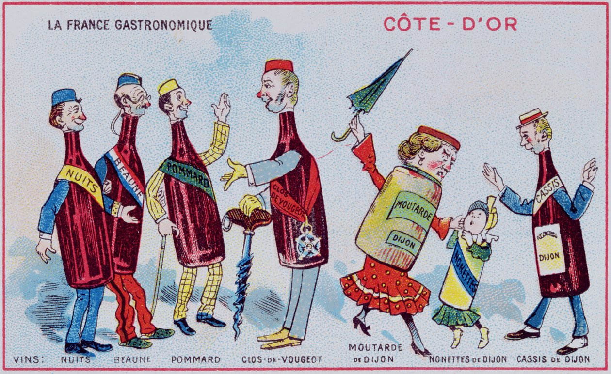 Kampanje- og pedagogisk kort for barn som viser matspesialiteter fra Cote-DOr-regionen, ca. 1910 av French School