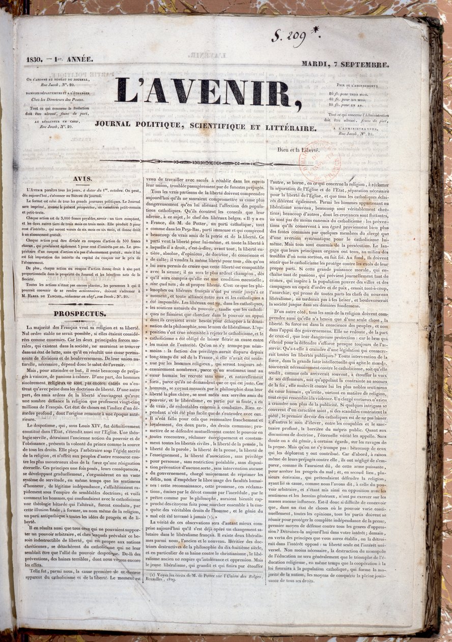 Prospekt som annonserer den kommende utgivelsen av Journal LAvenir, 7. september 1830 (trykt papir) av French School