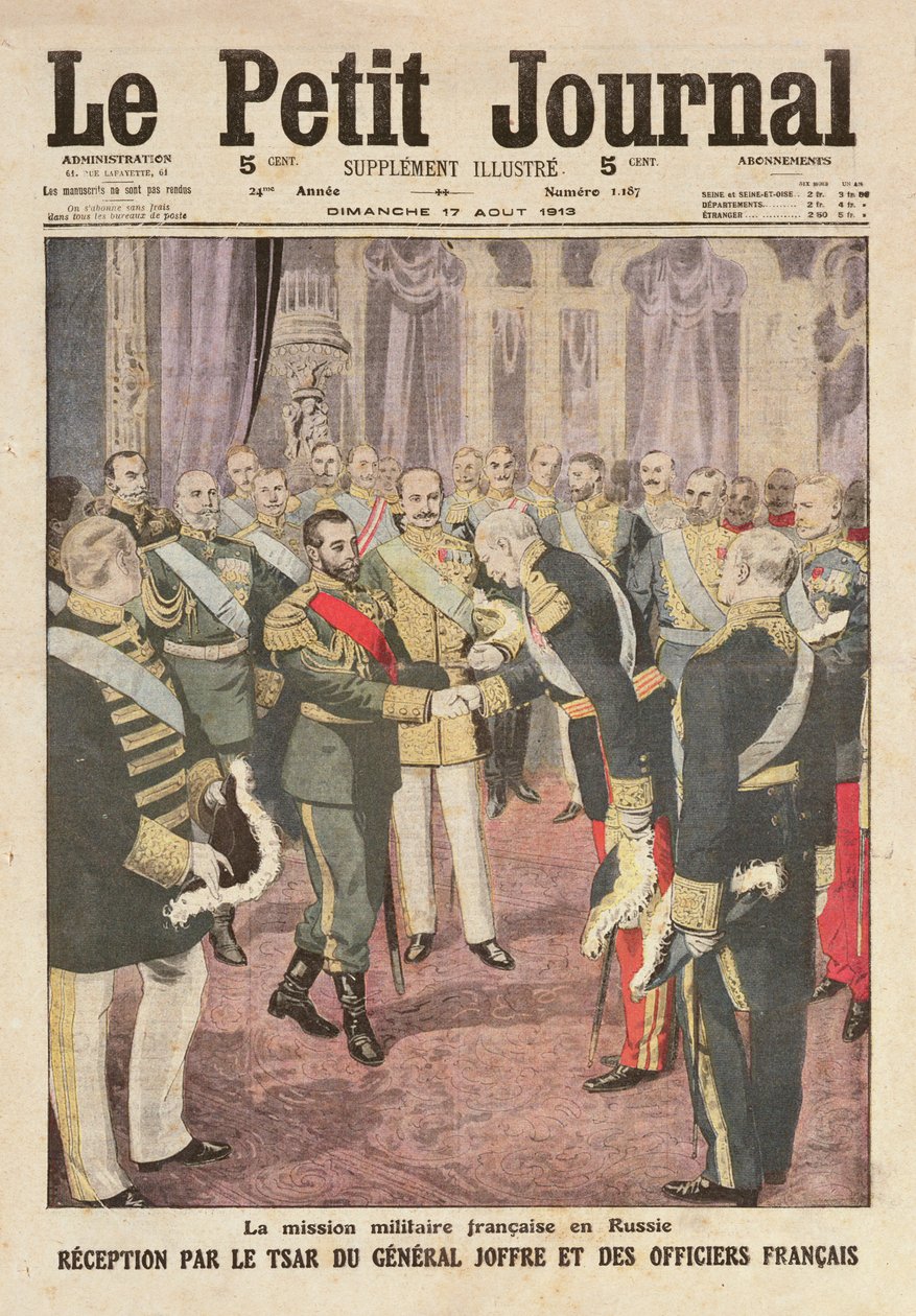 Mottakelse av general Joseph Joffre (1852-1931) av Nicolas II (1894-1917) på Peterhof-palasset, fra 