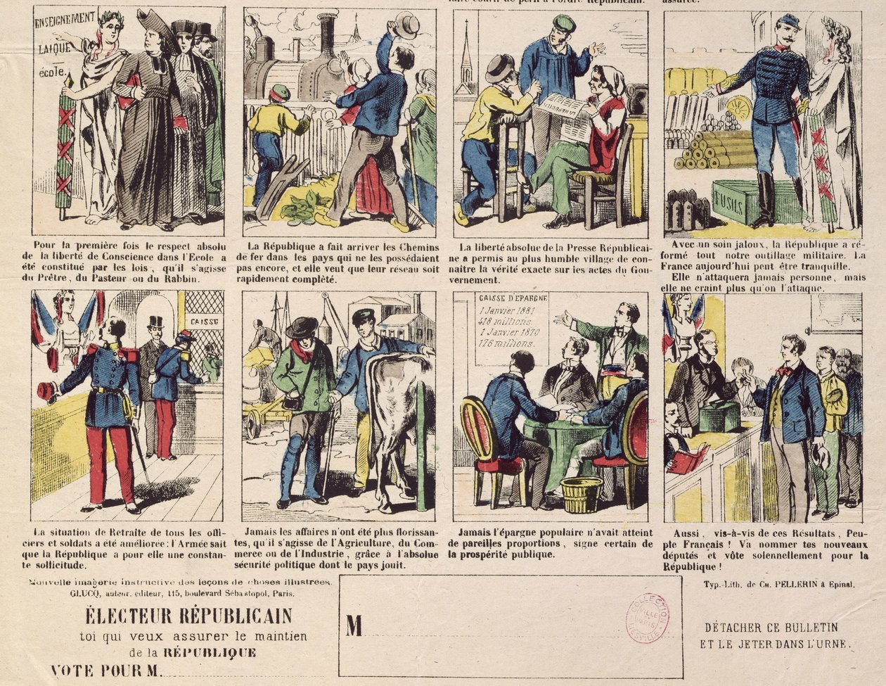 Republikansk propaganda til støtte for stiftelsen av Den tredje republikk, ca. 1881 (se også 162979 og 177256) av French School