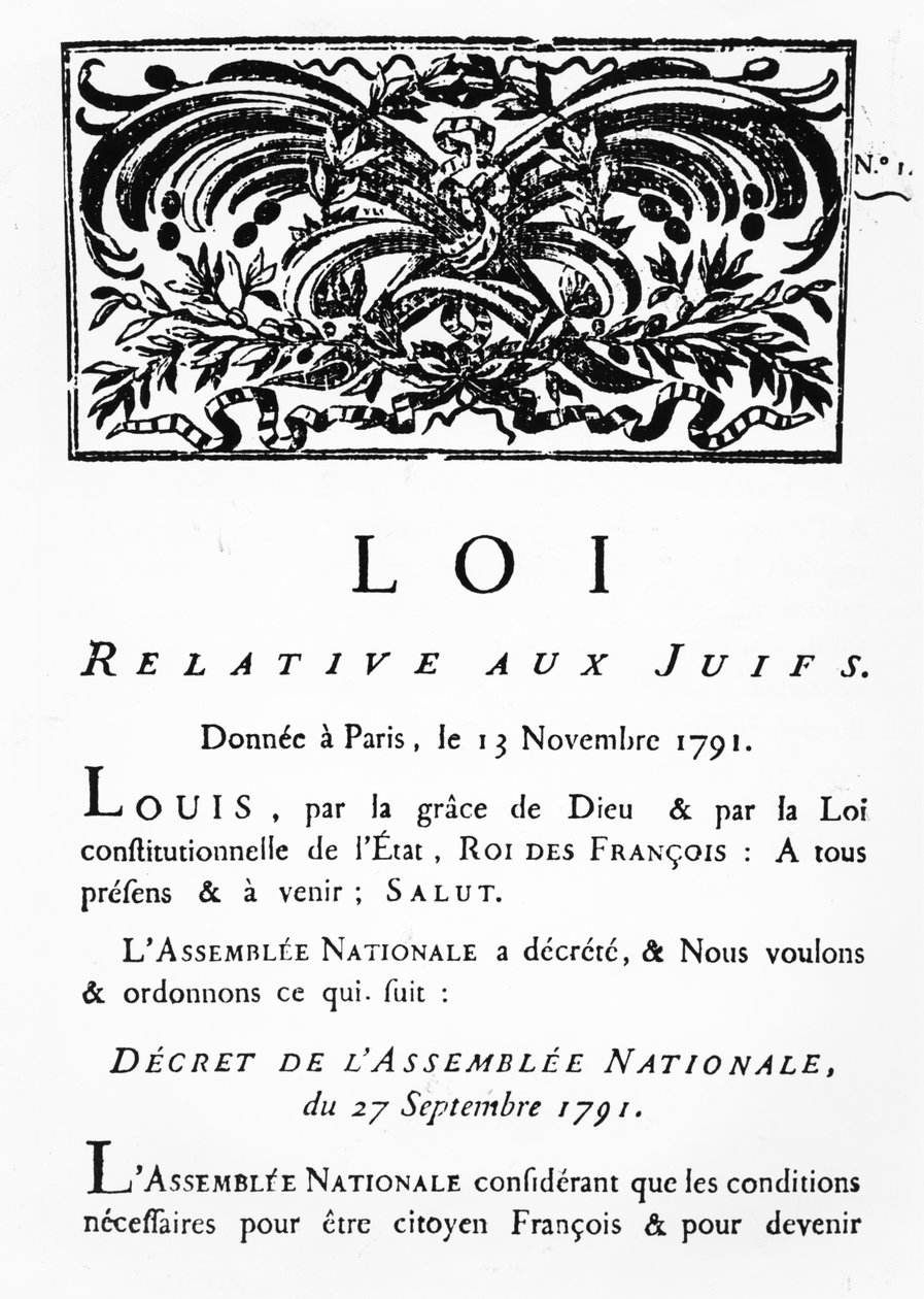 Kongelig resolusjon om frigjøring for alle jøder i Frankrike, ved resolusjon fra nasjonalforsamlingen, 27. september 1791 (faksimile) (se også 695056) av French School