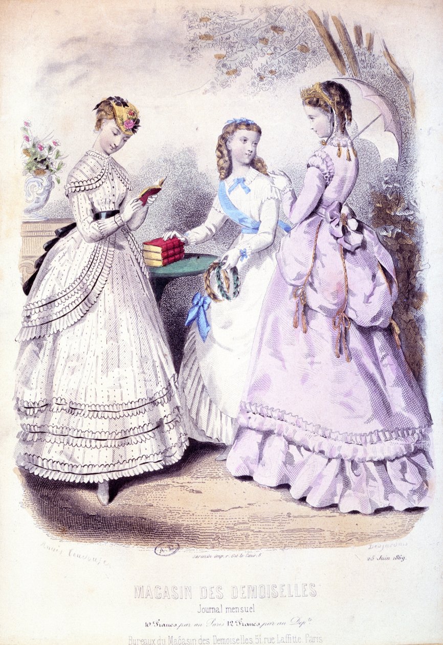 Skolejenter etter premieutdelingen, motetallerken som reklamerer for Magasin des Demoiselles, 1869 av French School
