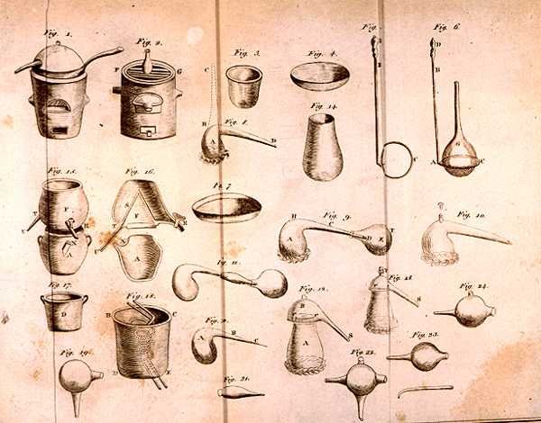 Vitenskapelig utstyr, fra The Elements of Chemistry av Antoine Laurent de Lavoisier (1743-94) gravert av D.Lizars, 1796 av French School