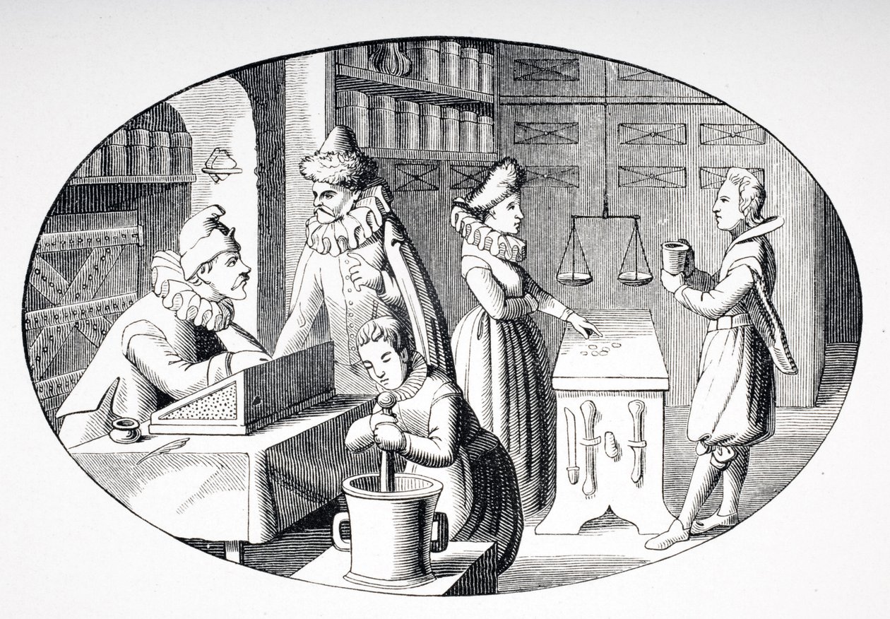 Butikk til en kjøpmann og drogist på 1600-tallet, fra 'Le Moyen Age et La Renaissance' av Paul Lacroix (1806-84) utgitt 1847 av French School