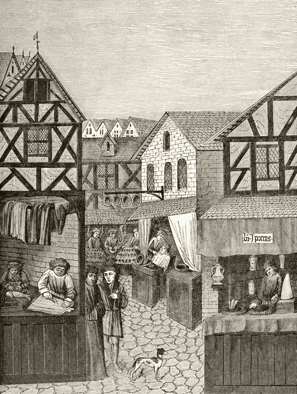 Butikker i en apotekergate, fra "Vitenskap og litteratur i middelalderen" av Paul Lacroix (1806-84) utgitt London 1878 av French School