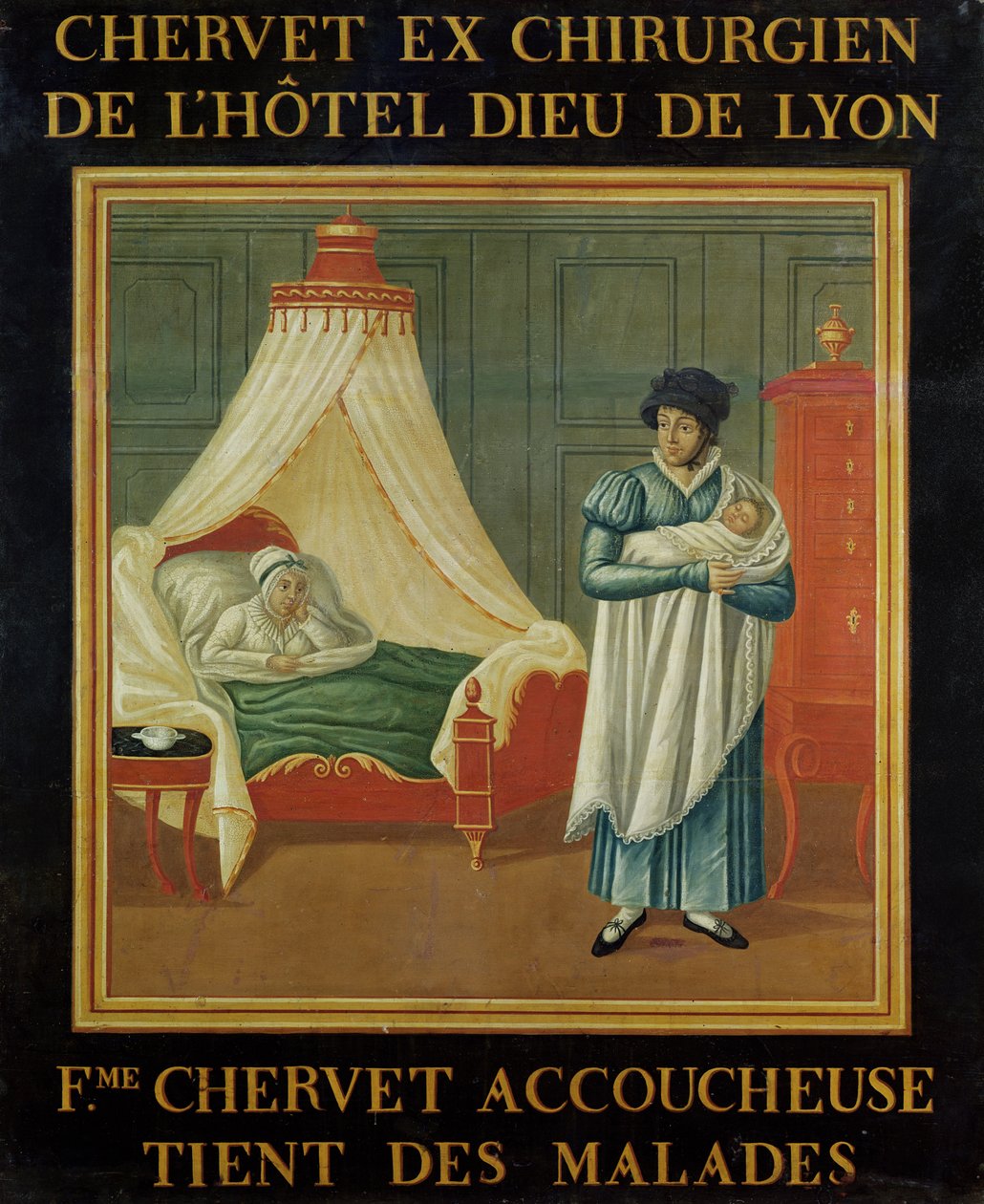 Skilt som annonserer tjenestene til en jordmor, tidlig på 1800-tallet av French School