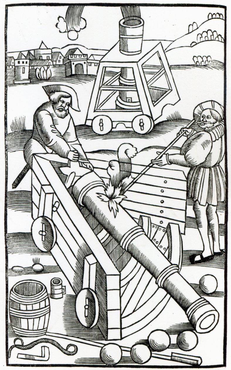 Soldater som avfyrer en kanon, illustrasjon for 'De re Militari' av Publius Flavius Vegetius Renatus (fl.390), trykt av Christian Wechel, Paris, 1532 av French School