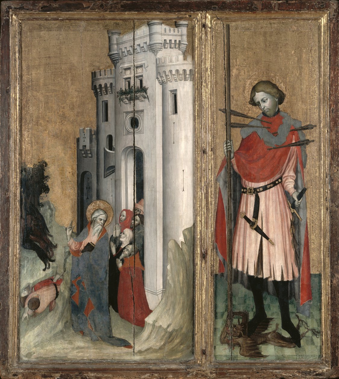 St. Andrew Chasing Demons fra byen Nicaea og St. Sebastian, høyre panel av Thouzon altertavle, School of Provence (tempera på panel) av French School