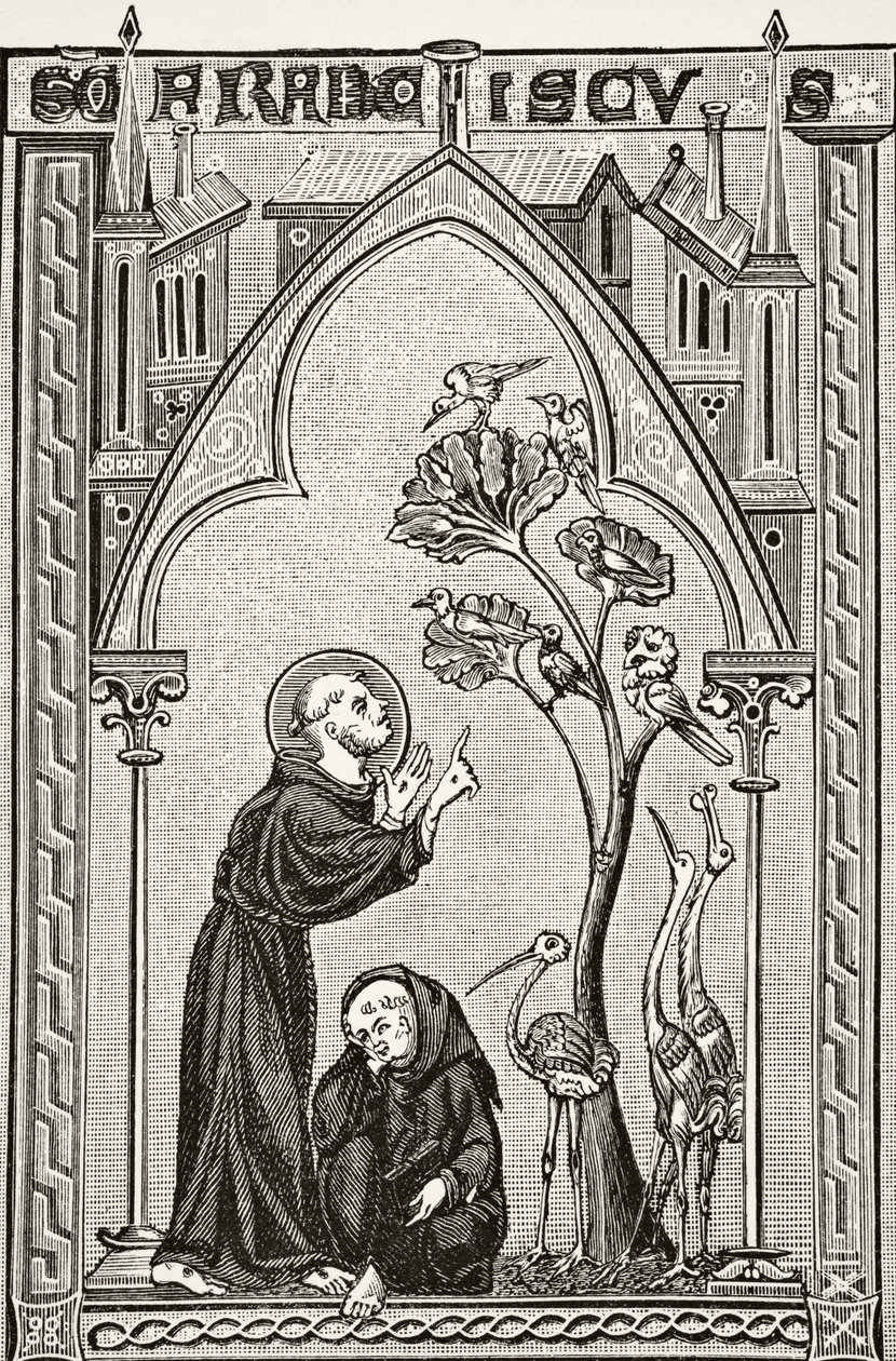 St. Frans av Assisi snakker med fuglene, fra "Vitenskap og litteratur i middelalderen" av Paul Lacroix (1806-84) publisert London 1878 av French School