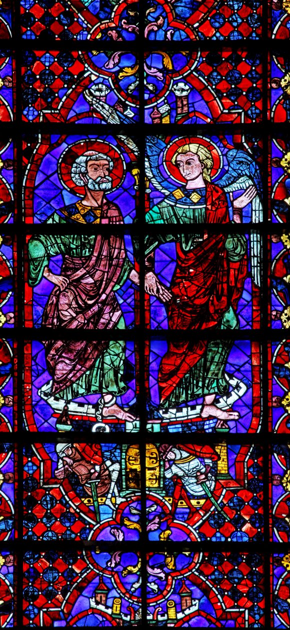 St Peter - ført ut av fengselet av en engel (w105) (farget glass) av French School