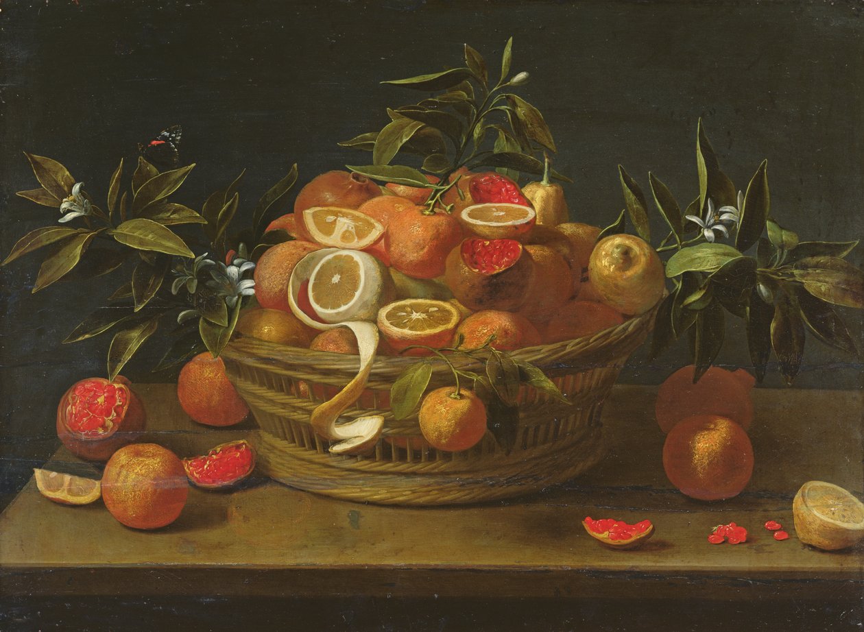 Stilleben med sitron, appelsin og granateple (olje på tre) av French School