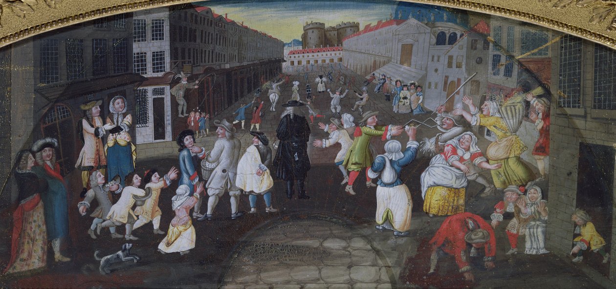 Gateutøvere ved Carnival Populaire, Rue Saint Antoine, ca. 1670 av French School