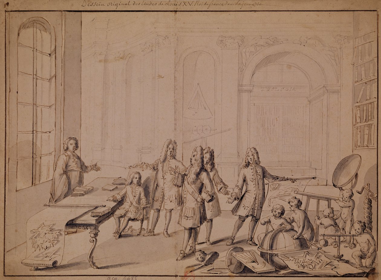 Studie for en leksjon som gis til den unge Louis XV (1710-74) (penn og blekk og vask på papir) (se også 162667) av French School