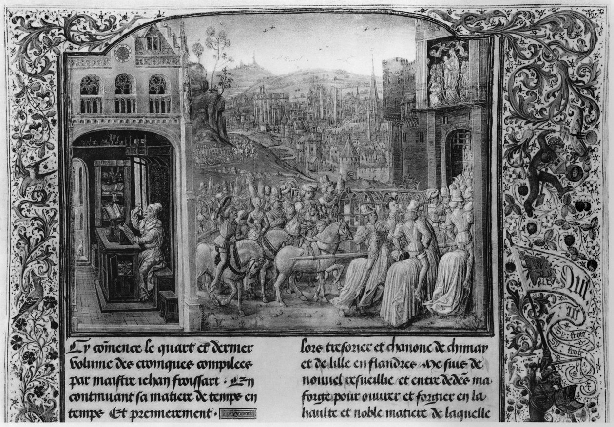 T.4 fol.1 L: Froissart skriver sin krønike, R: Isabella av Bayern (1371-1435) på vei inn i Paris i 1389, fra Froissarts krønike, 1472 av French School