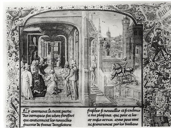 T.III fol.1 Froissart mottatt i Orthez av grev Gaston de Foix, som han gir brevet fra Guy de Blois, fra Froissarts Chronicle av French School