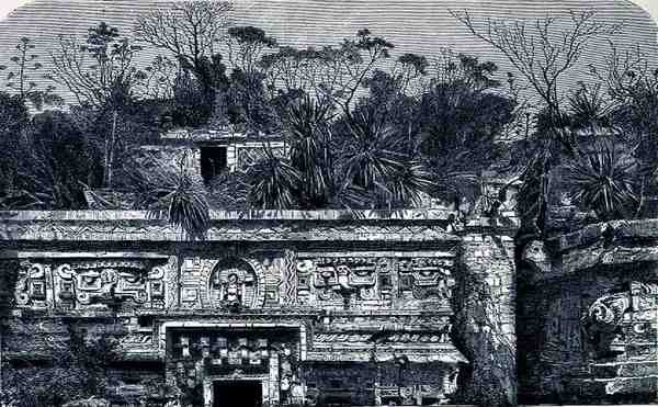 Tempelbygning øst for nonneklosteret i Chichen Itza, fra The Ancient Cities of the New World, av Claude-Joseph-Desire Charnay, pub. 1887 av French School