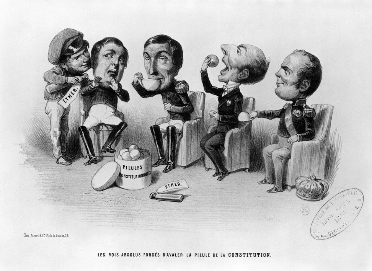 De absolutte kongene tvunget til å svelge grunnlovens pille, 1848 av French School