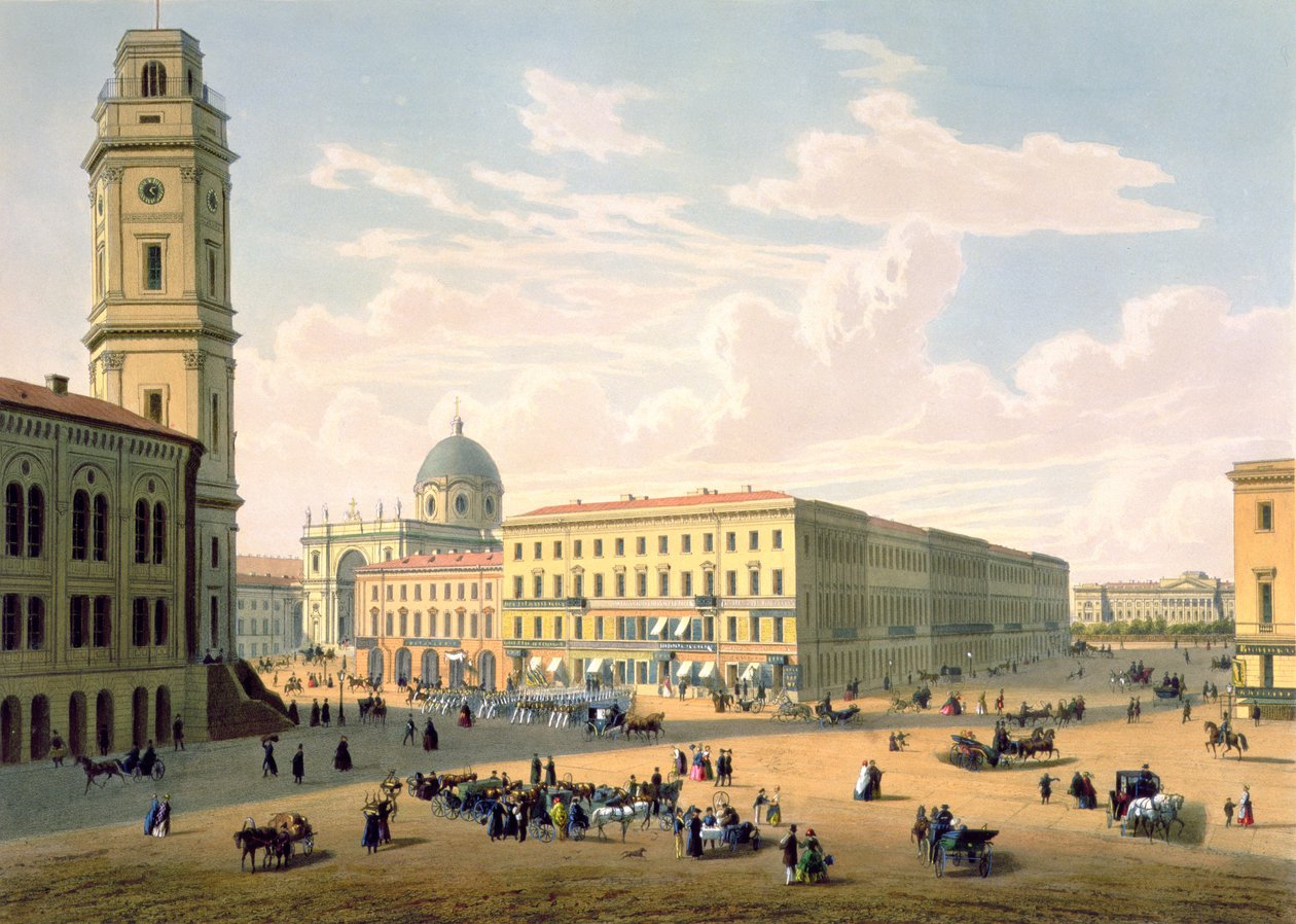 Den katolske kirke og Mikhailovskaya Street i St. Petersburg, trykt av J. Jacottet og Regamey, utgitt av Lemercier, Paris, 1850-tallet av French School