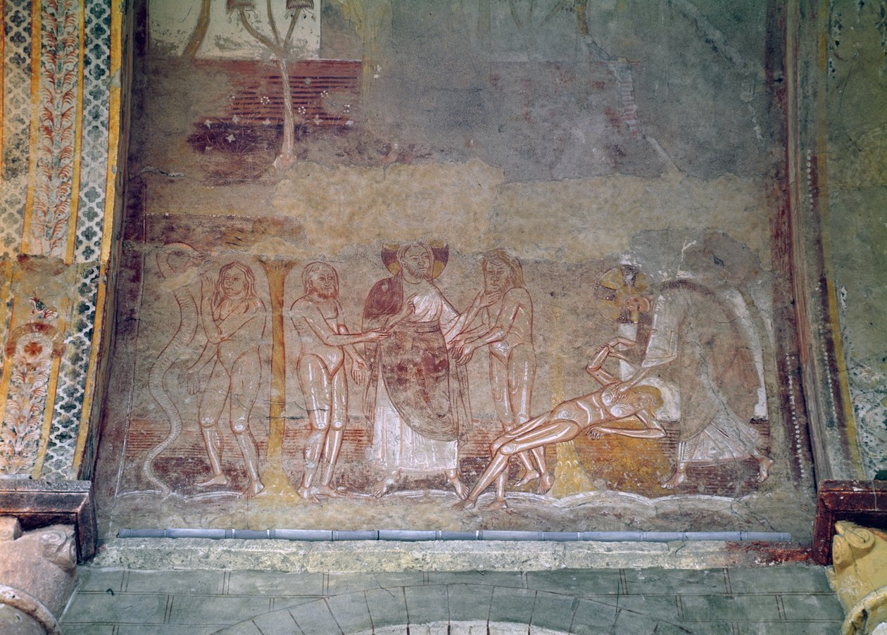 Skapelsen av kvinnen og Eva og slangen, detalj fra skipshvelvet, ca. 1100 av French School