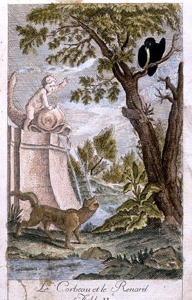 The Crow and the Fox, illustrasjon etter fabelen av Jean de la Fontaine (1621-95) 1776 av French School