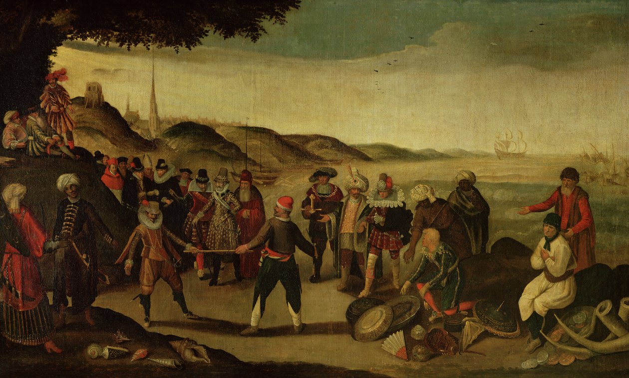 Striden om den gylne stafettpinnen eller striden mellom spanjolene og nederlenderne om handel i India, 1609 av French School
