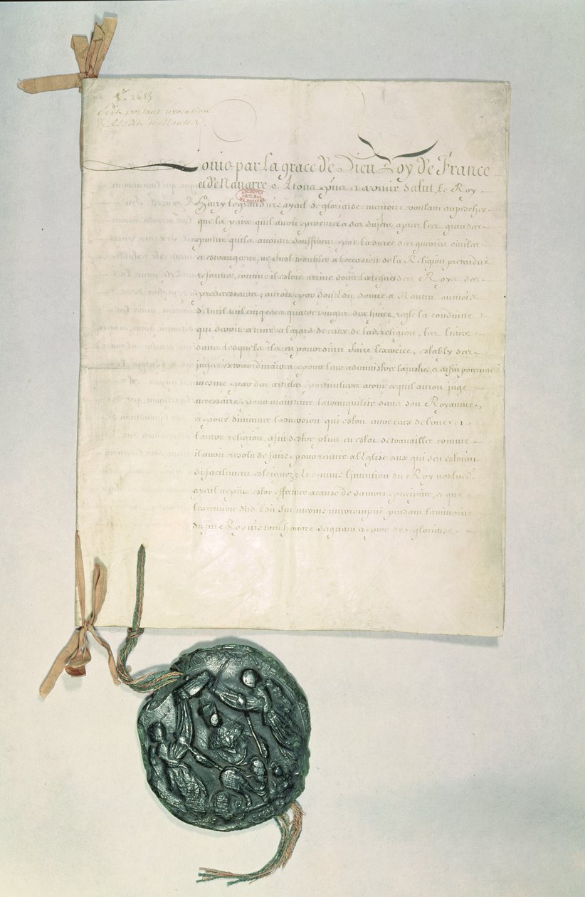 Ediktet av Fontainebleau, 18. oktober 1685 (penn og blekk på papir) av French School