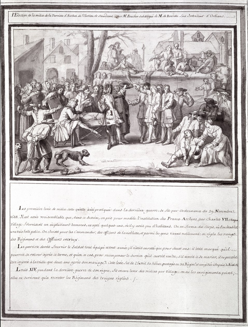 Valget av militsen ved Parish of Authon, en del av Dourdans-valget, 1688 av French School