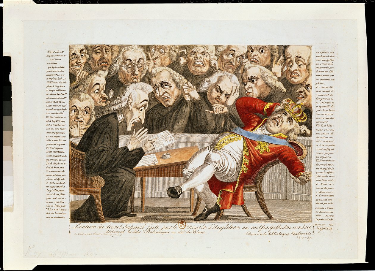 Den engelske ministeren leser det keiserlige dekretet til George III (1738-1820) som erklærer at de britiske øyer er underlagt en blokade, 21. november 1807 av French School