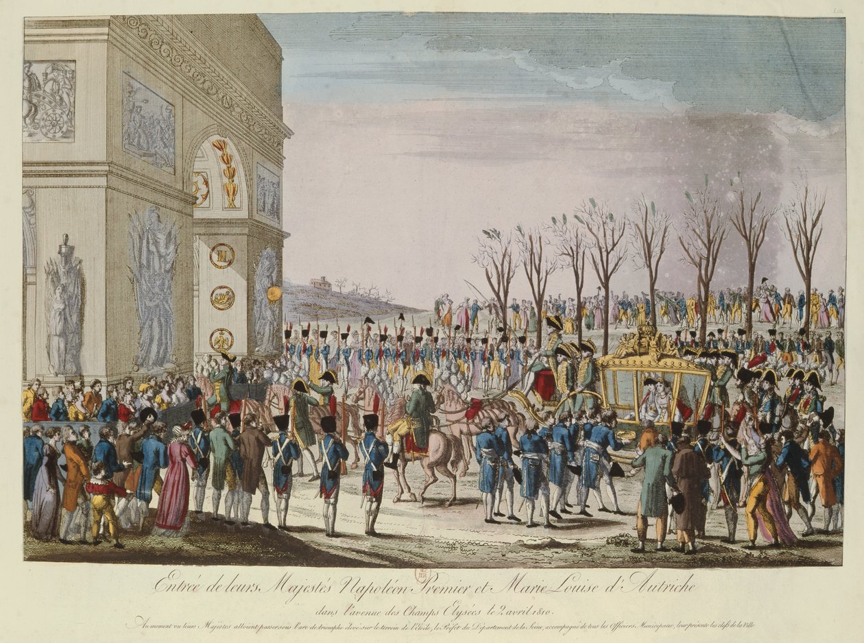 Inngangen til keiser Napoleon I (1769-1821) og keiserinne Marie Louise av Østerrike (1791-1847) på Champs-Elysees, 2. april 1810 av French School