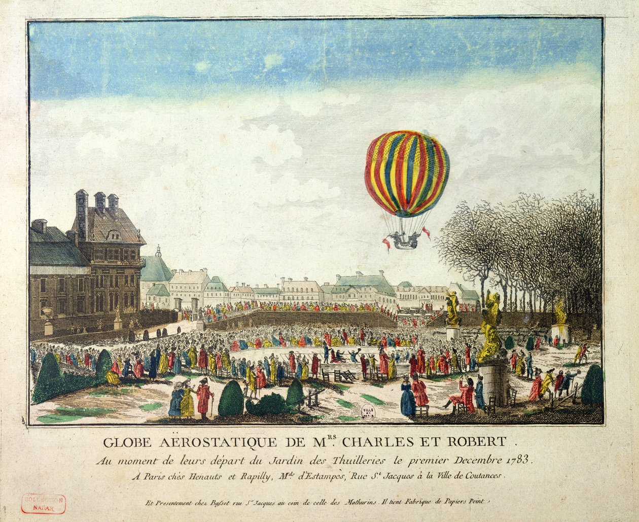 The Flight of Jacques Charles (1746-1823) og Nicholas Robert (1761-1828) fra Jardin des Tuileries, 1. desember, 1783 av French School