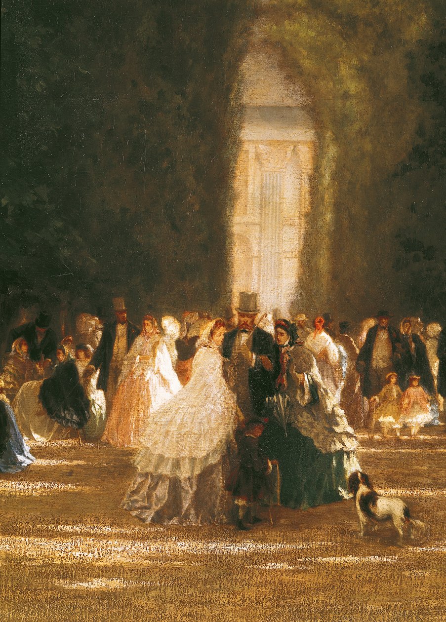 The Garden of the Tuileries under the Second Empire, detalj av en gruppe med en hund av French School