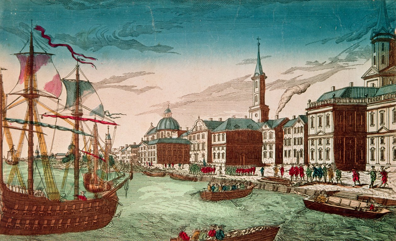 The Landing of English Troops i New York, september 1776, pub. av J. Chereau, Paris av French School