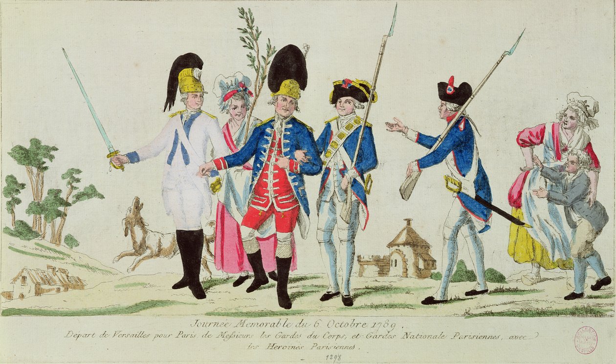 Den minneverdige dagen 6. oktober 1789, avreise fra Versailles til Paris: Gardes du Corps, den parisiske nasjonalgarden og parisiske heltinner av French School