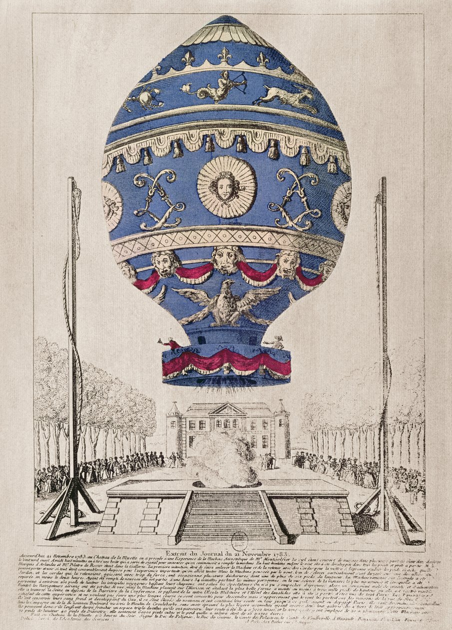 Montgolfier-brødrenes ballongeksperiment på Chateau de la Muette, 21. november 1783 av French School