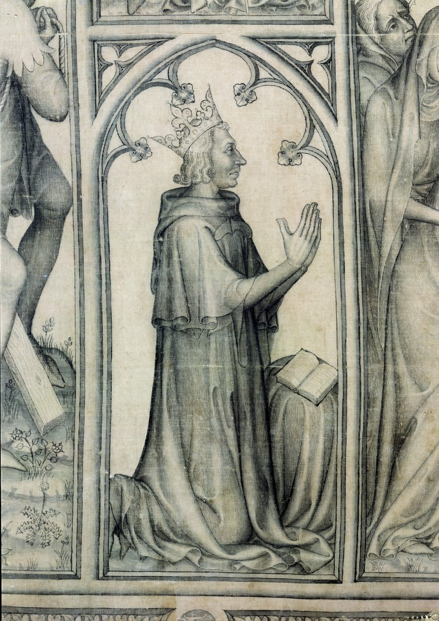 The Parement of Narbonne, detalj av Charles V (1338-80) som ber, ca. 1375 (grisaille på silke) (detalj av 83469) av French School