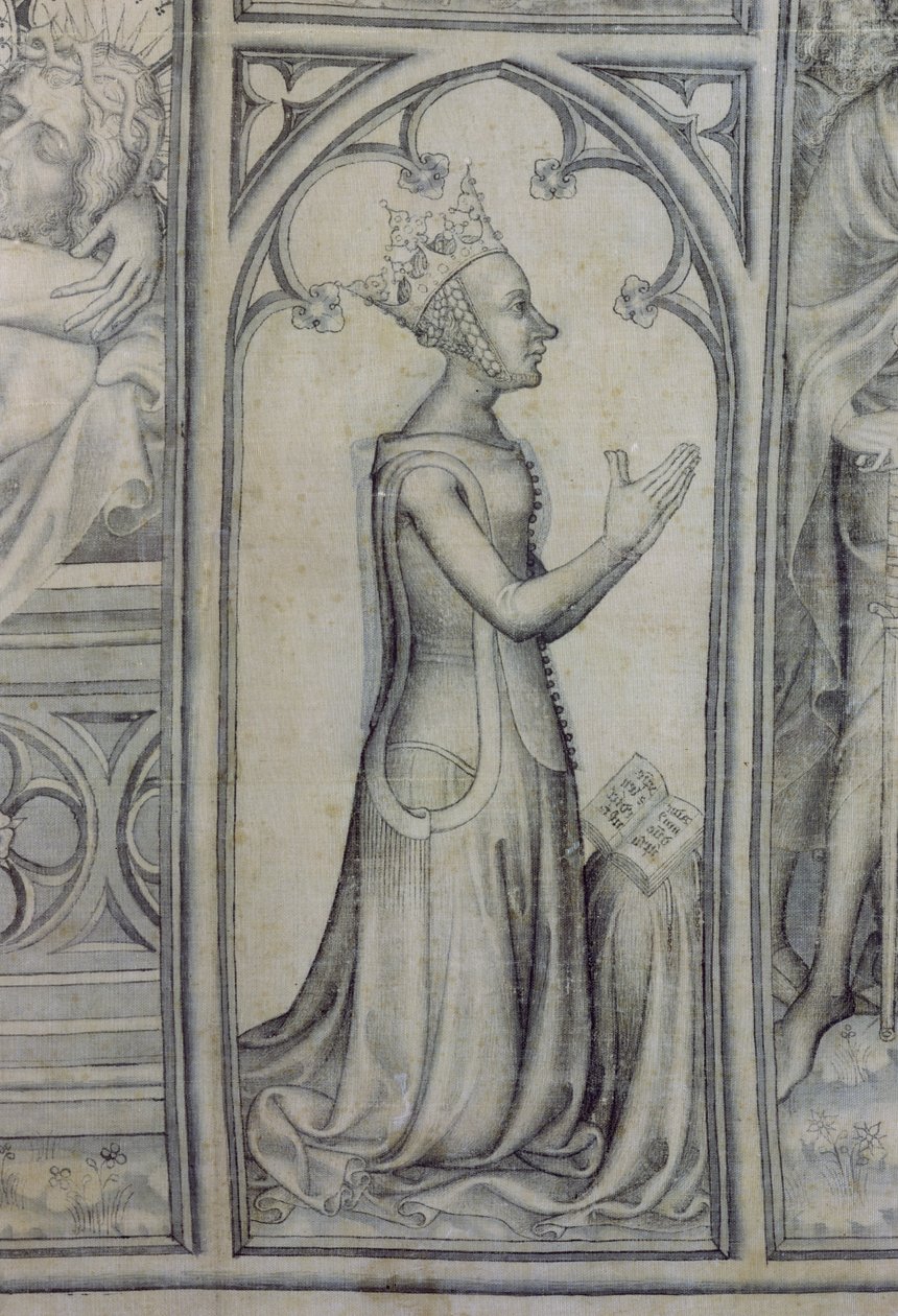 The Parement of Narbonne, detalj av Jeanne de Bourbon (1338-77) ber, ca. 1375 (grisaille på silke) (detalj av 83469) av French School