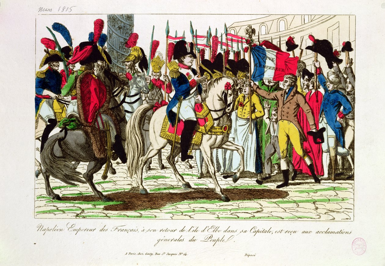Folket i Paris hyller Napoleon (1769-1821) da han kom tilbake fra Elba i 1815 av French School