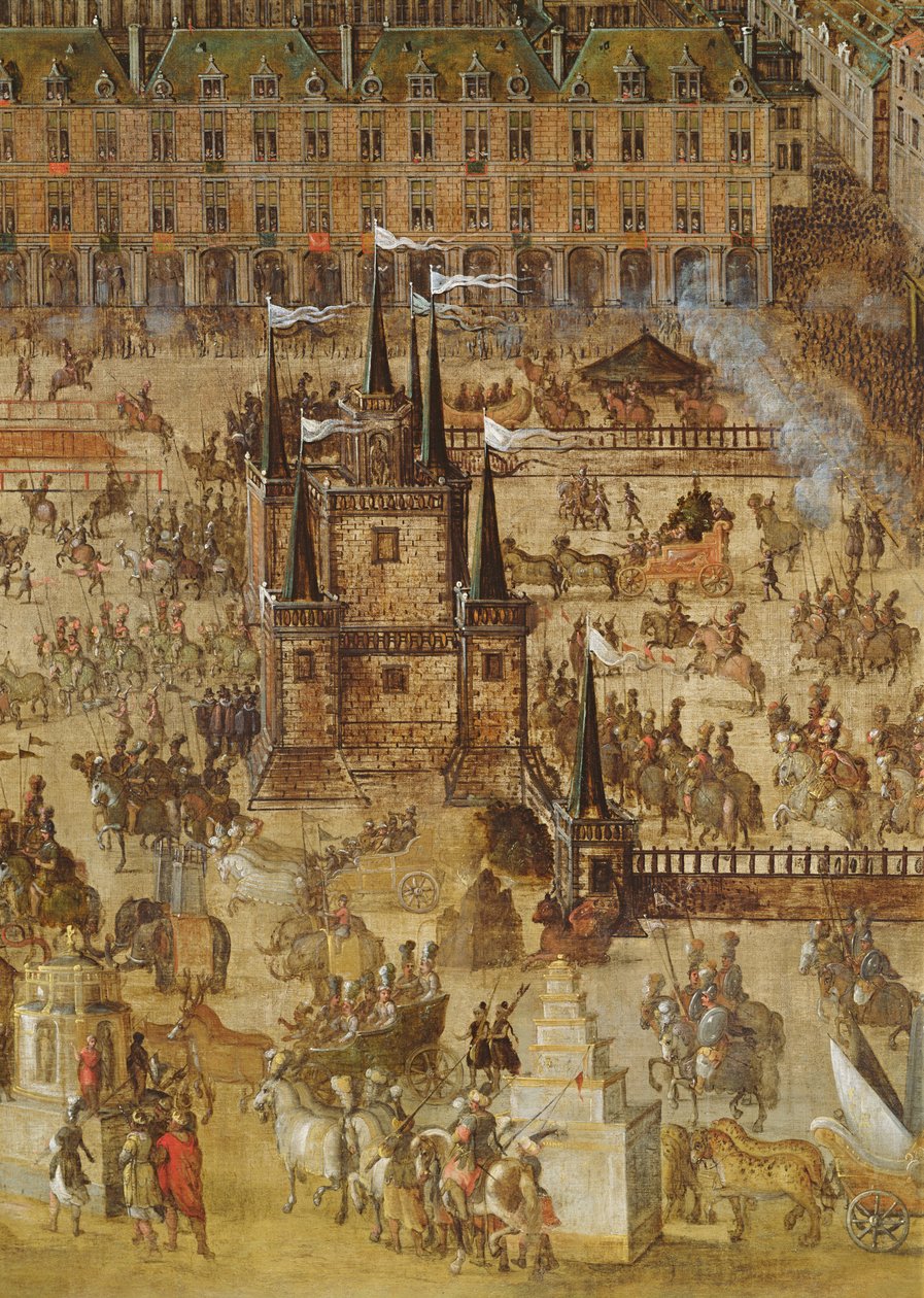 The Place Royale and the Carrousel i 1612, detalj av Palais de la Felicite og vognene (detalj av 161010) av French School