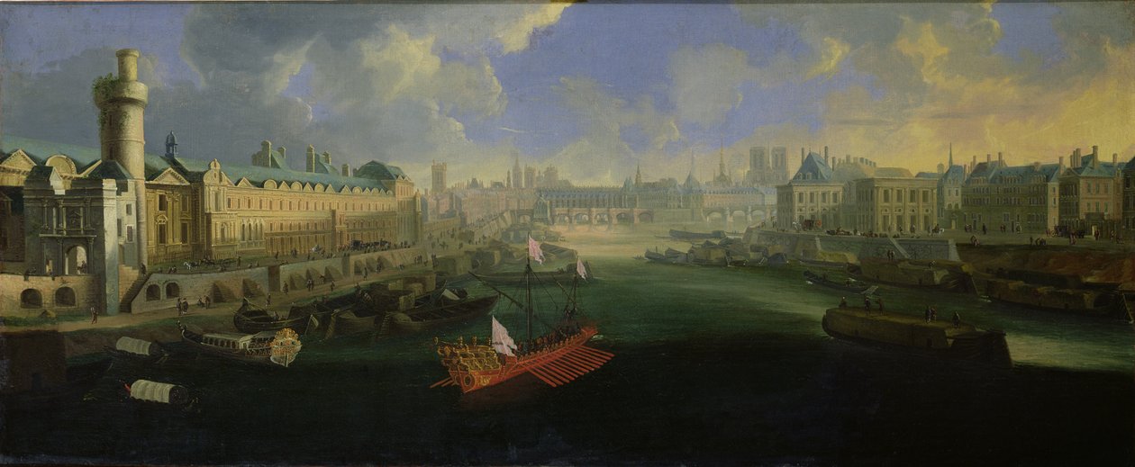 Elven Seinen, utsikt over Pont Neuf, Louvre og College Mazarin, ca. 1665 av French School