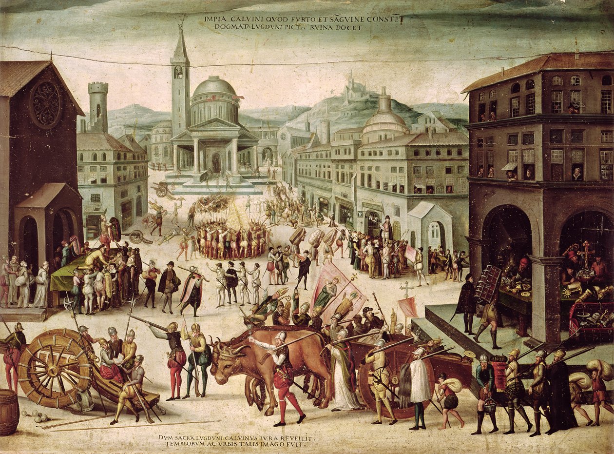 The Sack of Lyons av Baron des Adrets (1513-87) april 1562 av French School
