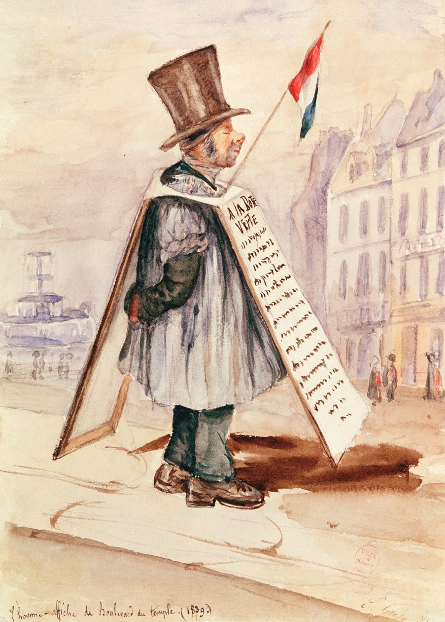The Sandwich Board Man, Boulevard du Temple, 1839 av French School