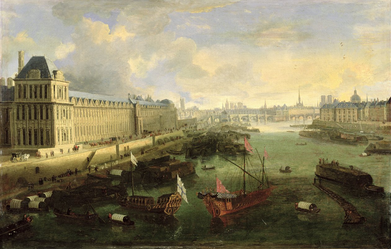 Seinen sett med Pont Neuf, Louvre og College Mazarin, ca. 1675 av French School