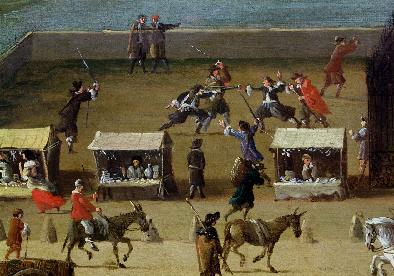 Seinen, Louvre og College des Quatre-Nations fra Pont-Neuf, detalj av markedsboder og menn som duellerer, ca. 1665-70 av French School