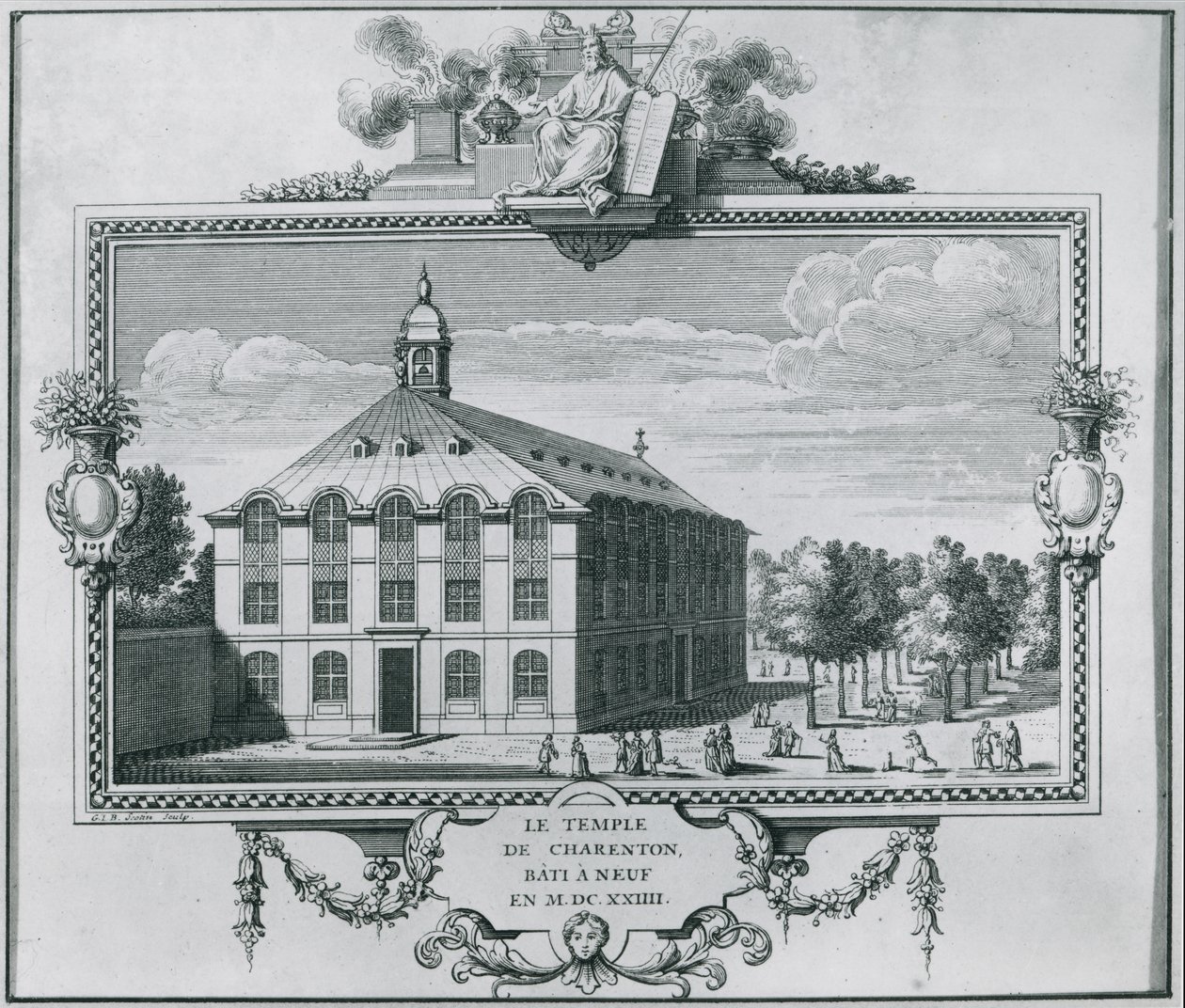Charenton-tempelet, gjenoppbygd i 1624, gravert av Gerard Jean Baptiste Scotin (1671-1716) av French School