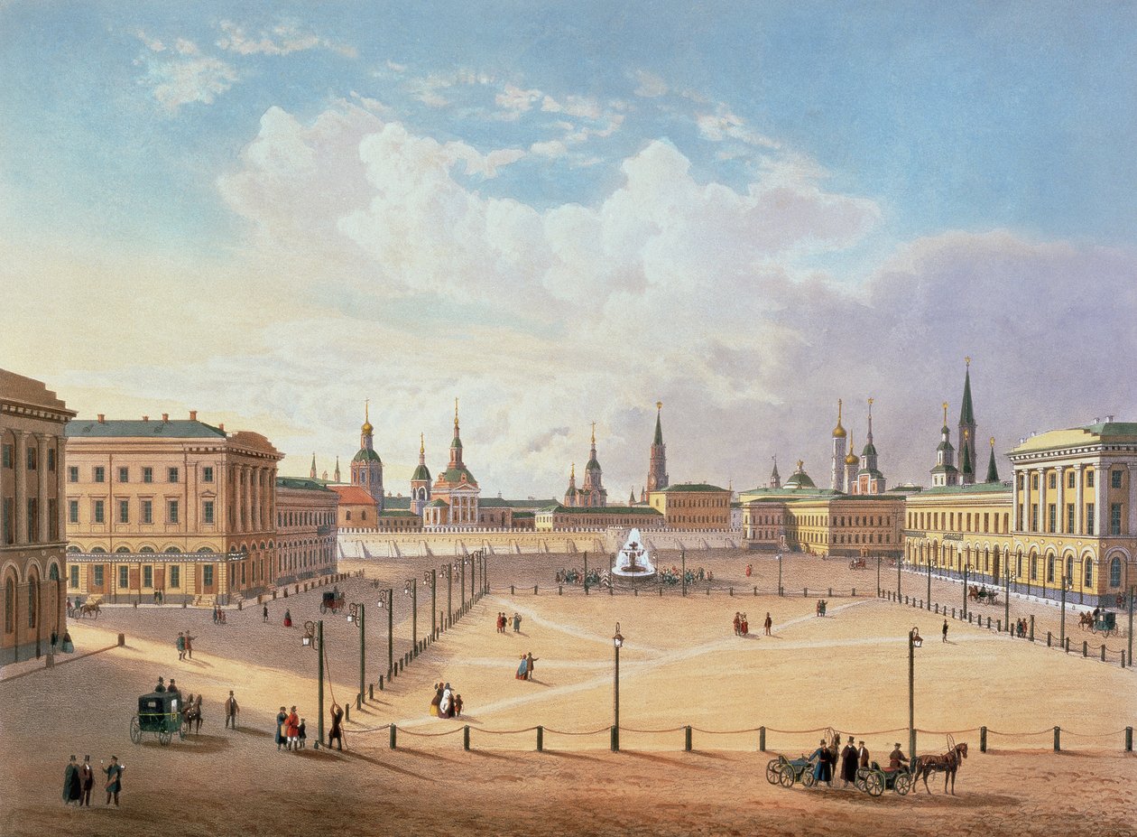 Teaterplassen i Moskva, trykt av Jacottet og Bachelier, 1830-tallet (fargelitografi) av French School