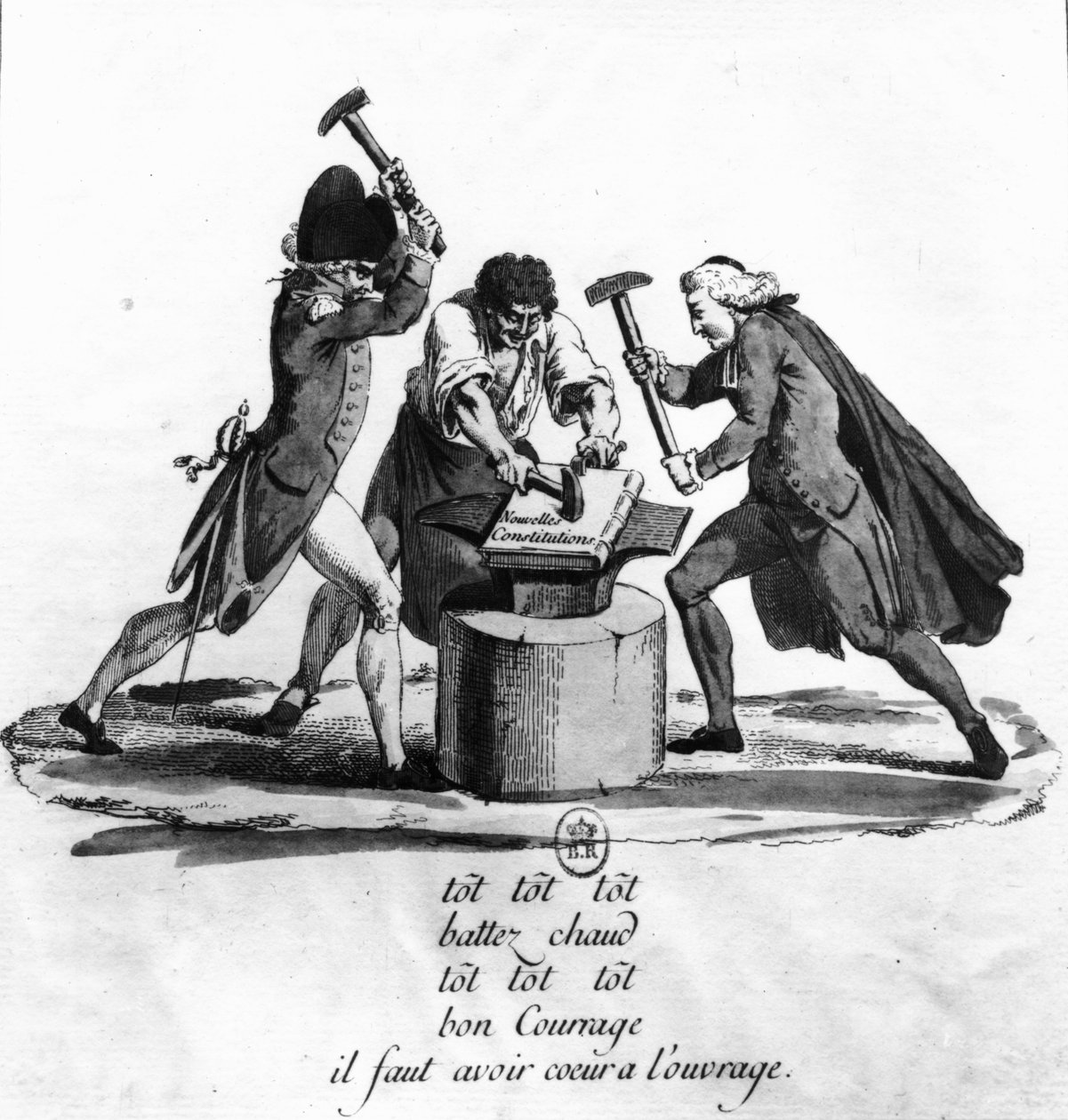 De tre ordenene, smir den nye grunnloven på en ambolt, 1789 av French School