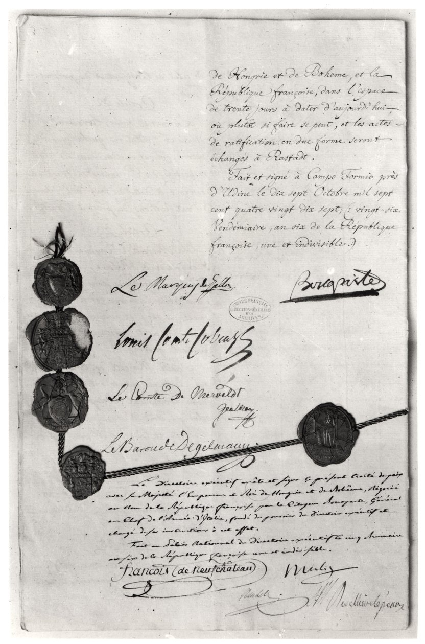 Campo Formio-traktaten, signert av Napoleon Bonaparte (1769-1821) 17. oktober 1797 av French School