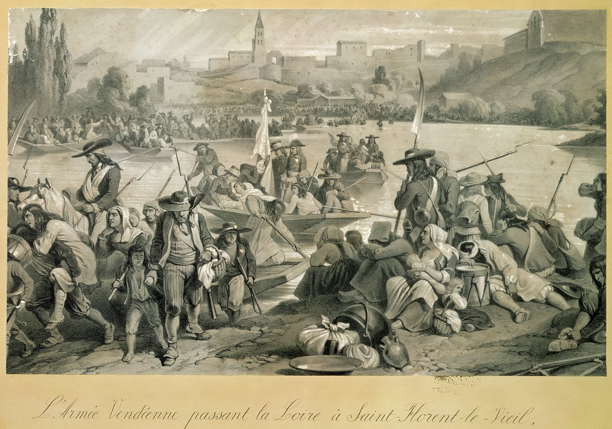 Den vendiske hæren krysser Loire ved St. Florent le Vieil, 18. oktober 1793 av French School