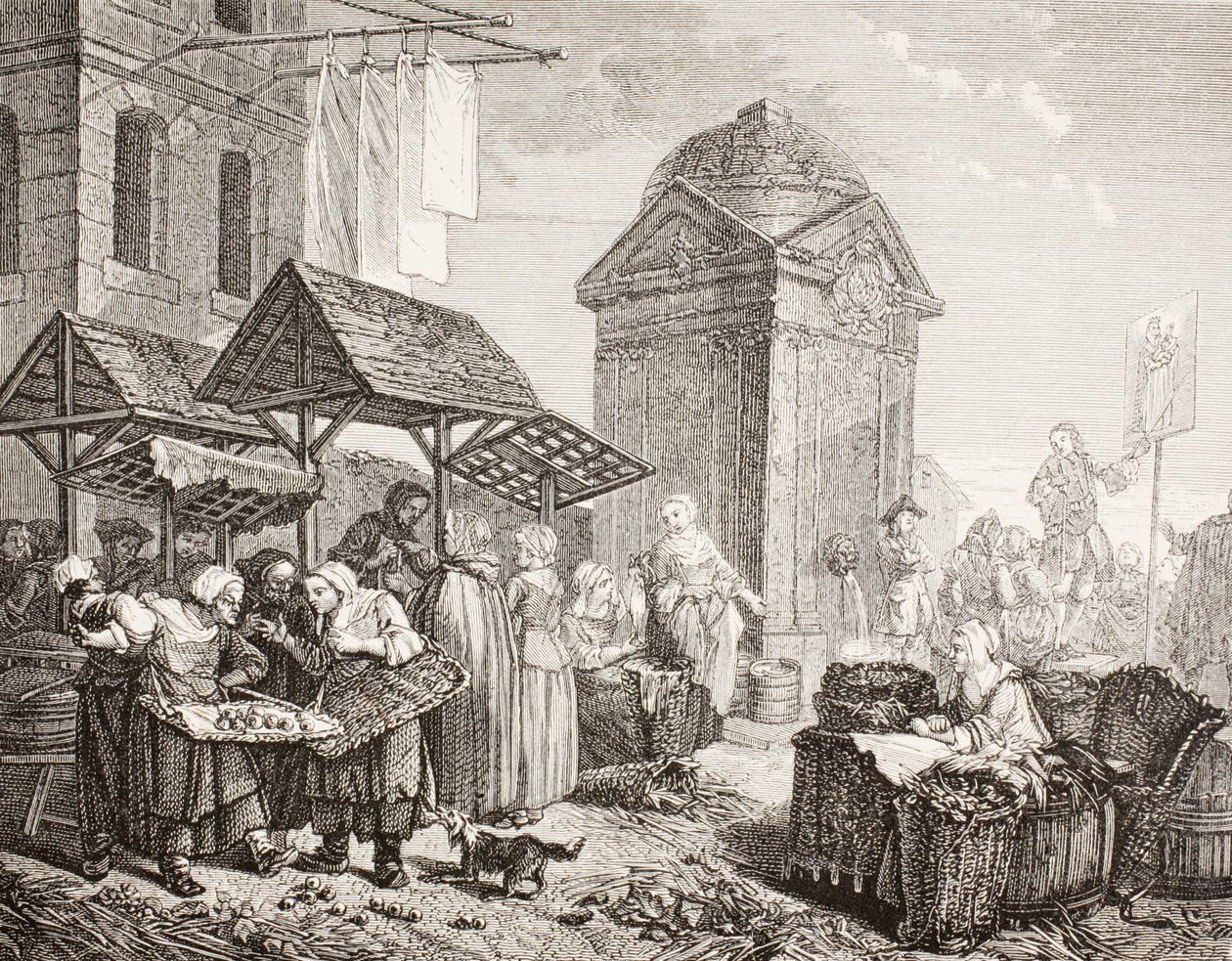 Markedet på Place Maubert, Paris, på 1700-tallet, etter et verk av Jeaurat, fra 