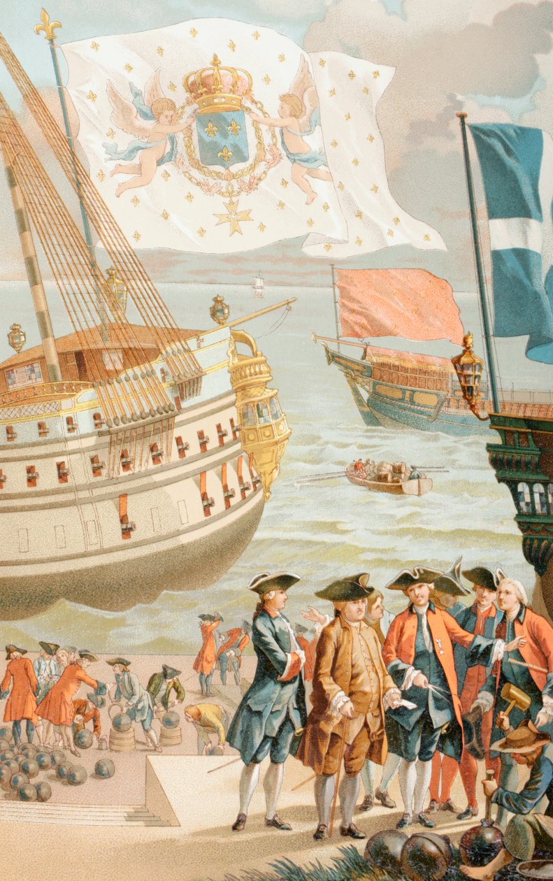 Det kongelige flagget til Frankrike som vaier over et fransk marineskip fra 1700-tallet, fra 